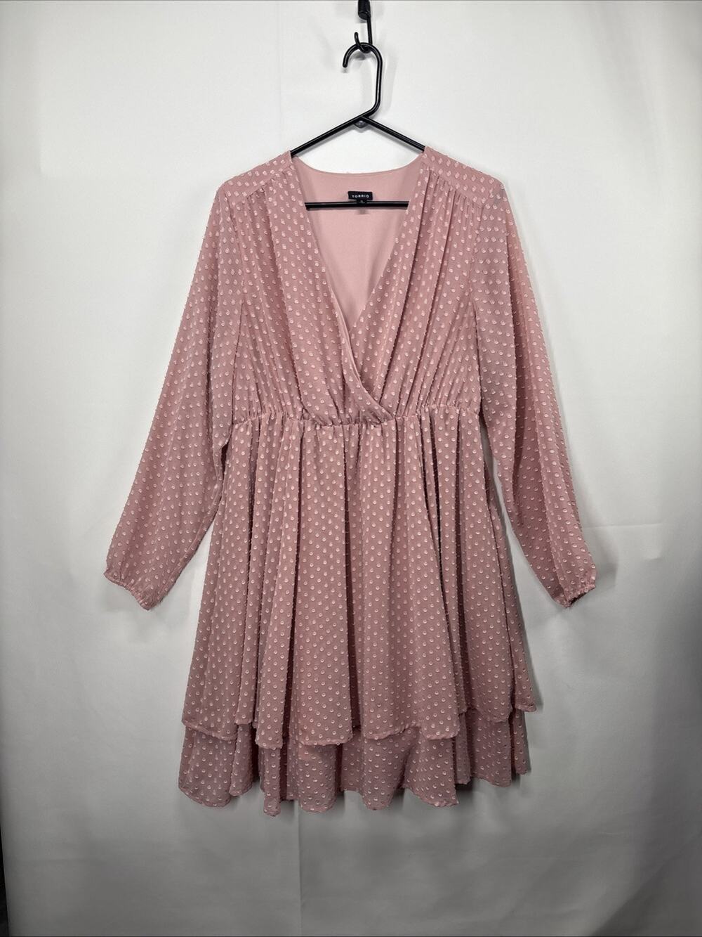 Torrid Dusty Rose Textured Swiss Dot Tiered Skirt Long Sleeve Dress 0 Romantic